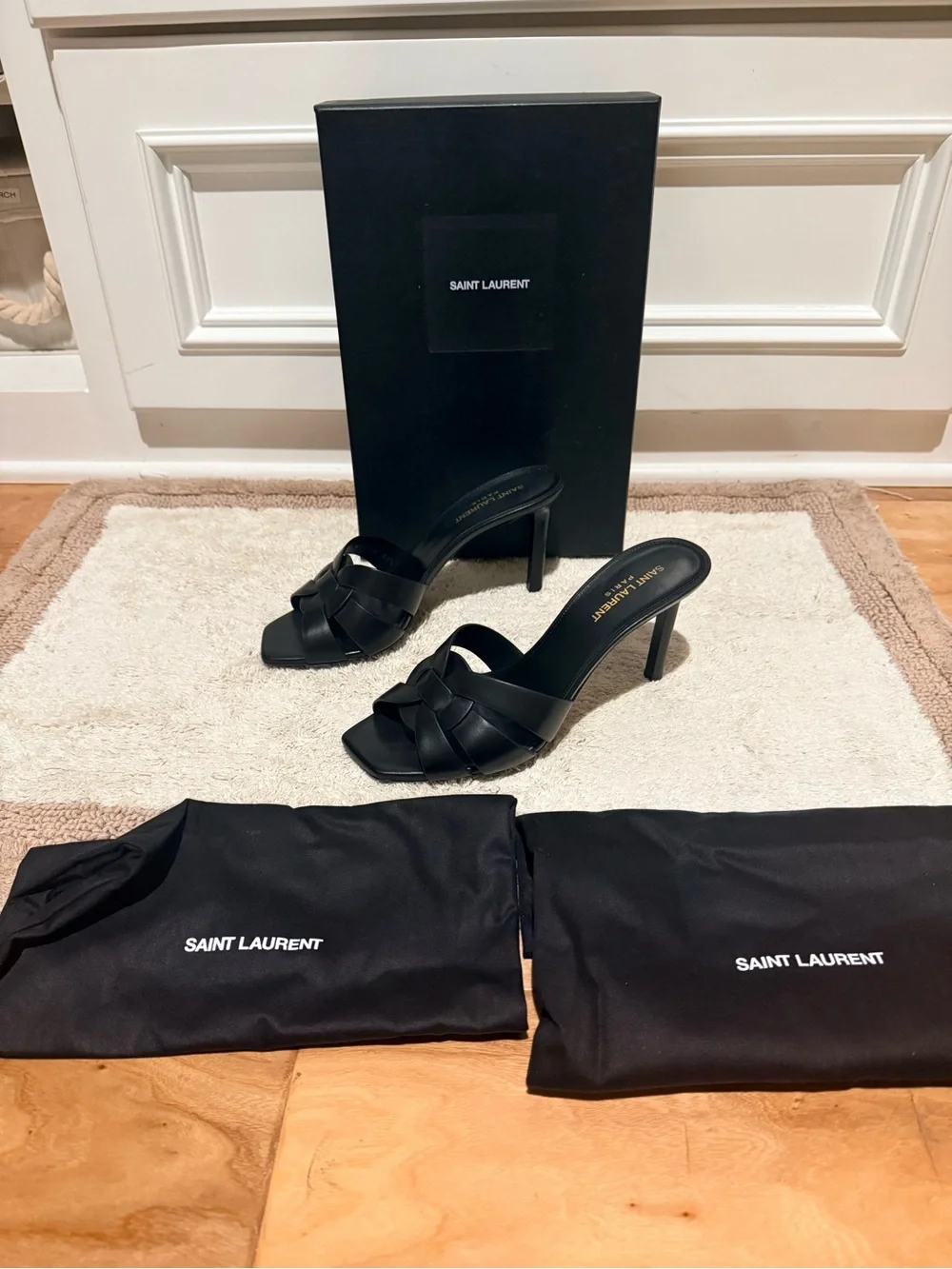 Saint Laurent Tribute 85 Black Woven Leather Slide Sandals - Picture 2 of 4